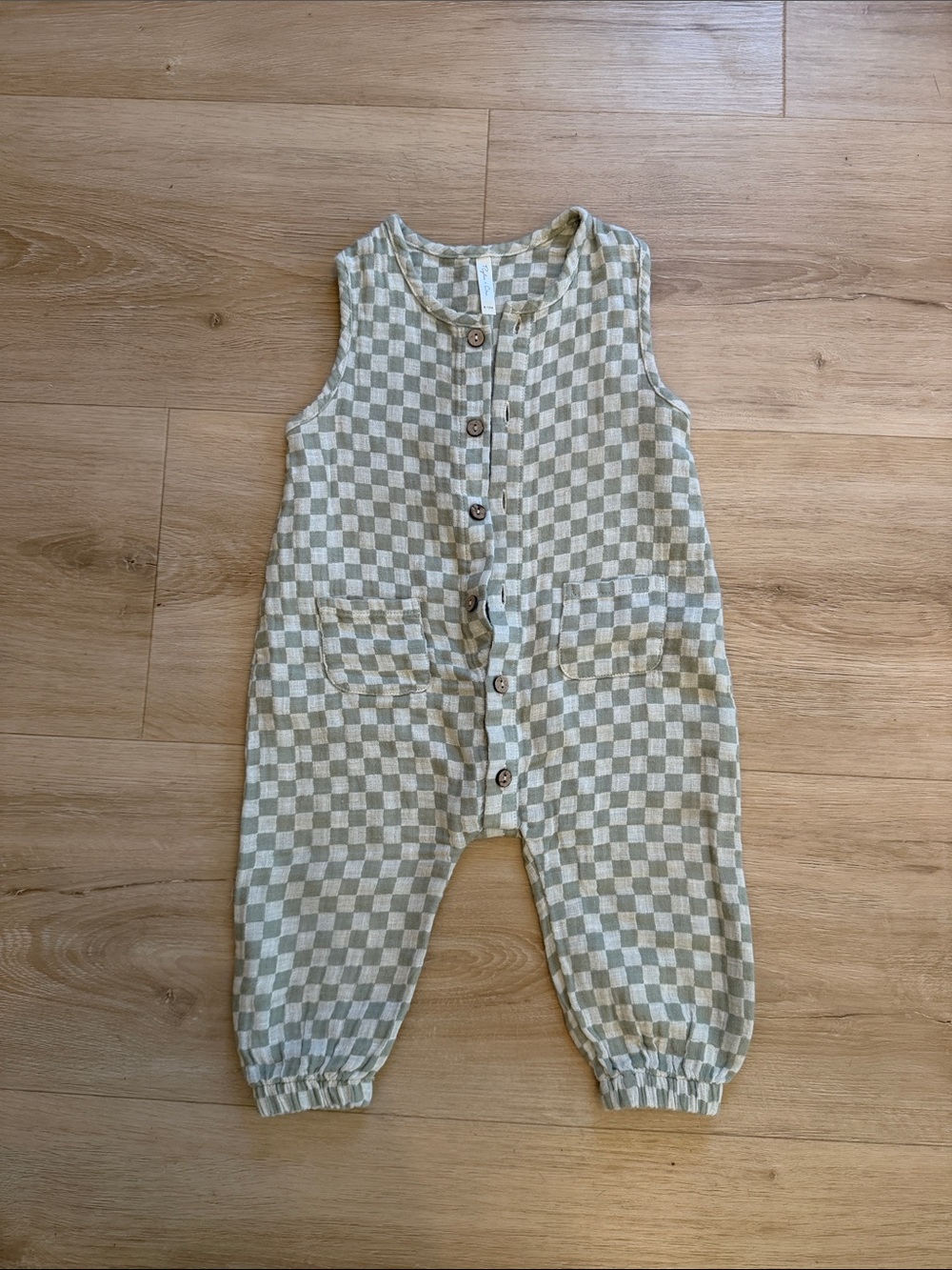 Rylee + Cru Cream & Sage Checkerboard Button-Up One-Piece